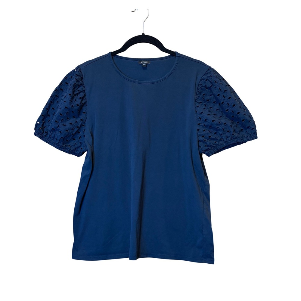 Express Puff Sleeve Top Women Large Navy Eyelet Lace Romantic Knit Cottagecore